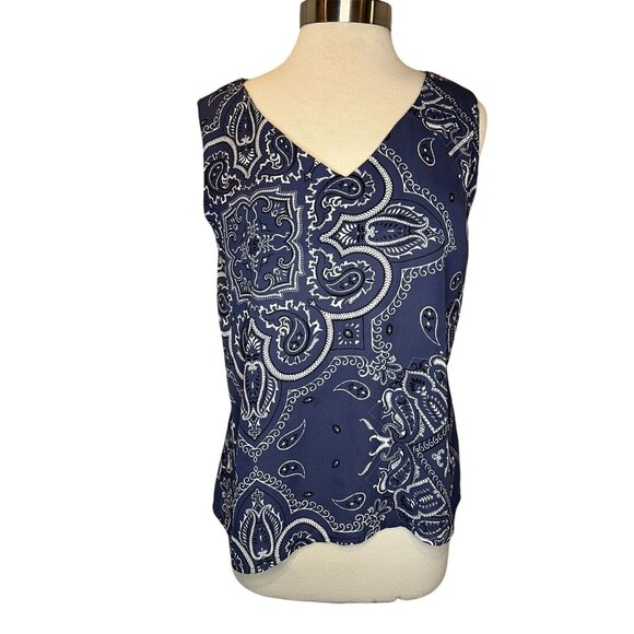 W5 Women's Tank Blouse Size Medium Lined Blue & White Geo Cut out Back - Picture 1 of 14